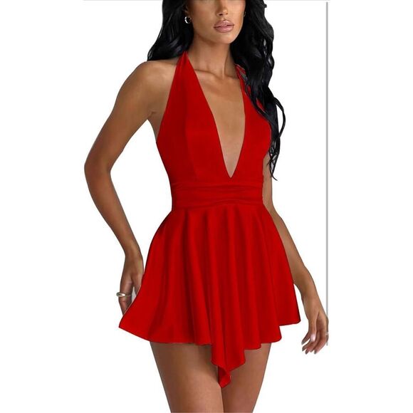 NEW Halter Deep V Neck Backless Tie Back Satin Cocktail Mini Dress M - Picture 6 of 7